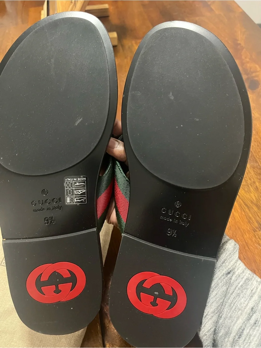 Gucci Men's Black Leather Thong Sandals with Green & Red Web Gold And Silver GG